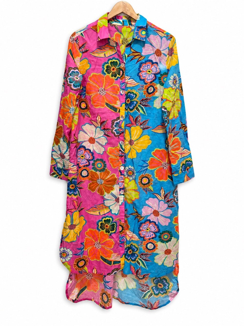 FARM Rio Mixed Living Nature Floral Split Shirt Dress Pink Blue High-Low Medium